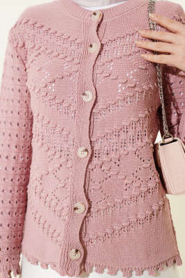 Düğmeli Kabartma Detaylı Kısa Ajurlu Hırka Gül Kurusu - Hırka