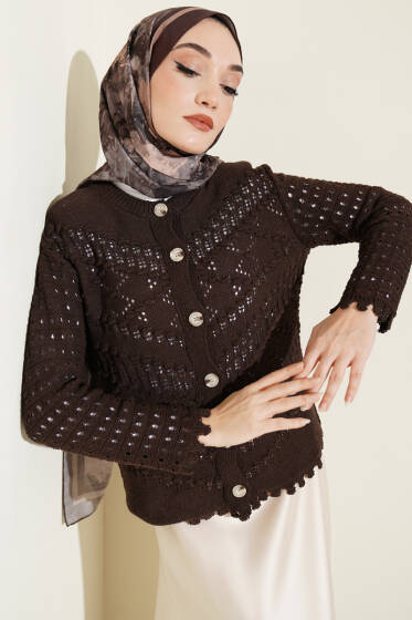 Düğmeli Kabartma Detaylı Kısa Ajurlu Hırka Kahve - Hırka