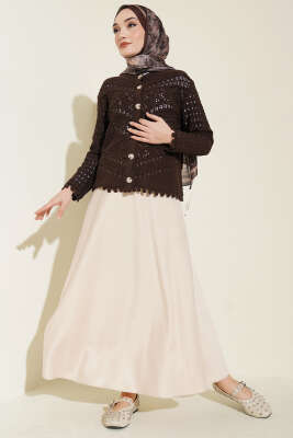 Düğmeli Kabartma Detaylı Kısa Ajurlu Hırka Kahve - Hırka