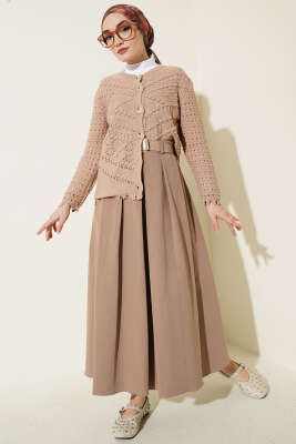 Düğmeli Kabartma Detaylı Kısa Ajurlu Hırka Latte - Hırka