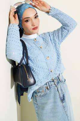 Düğmeli Kabartma Detaylı Kısa Ajurlu Hırka Mavi - RAFİMİX