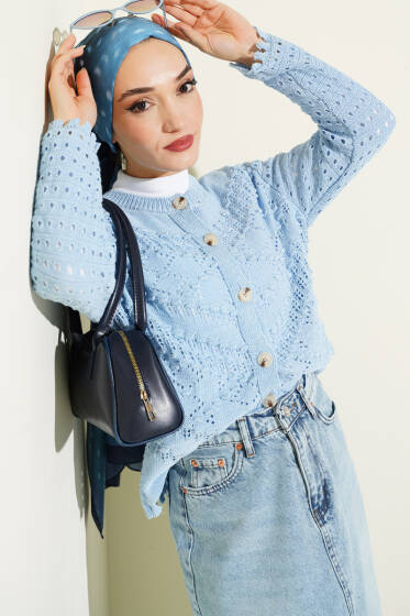 Düğmeli Kabartma Detaylı Kısa Ajurlu Hırka Mavi - Hırka