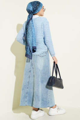 Düğmeli Kabartma Detaylı Kısa Ajurlu Hırka Mavi - Hırka