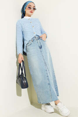 Düğmeli Kabartma Detaylı Kısa Ajurlu Hırka Mavi - Yılın Fırsatı