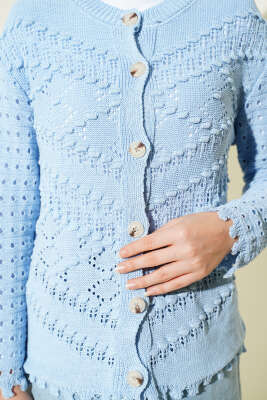 Düğmeli Kabartma Detaylı Kısa Ajurlu Hırka Mavi - Yılın Fırsatı