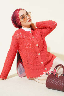 Düğmeli Kabartma Detaylı Kısa Ajurlu Hırka Mercan - RAFİMİX