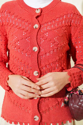 Düğmeli Kabartma Detaylı Kısa Ajurlu Hırka Mercan - Hırka