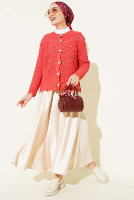 Düğmeli Kabartma Detaylı Kısa Ajurlu Hırka Mercan - Yılın Fırsatı