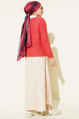 Düğmeli Kabartma Detaylı Kısa Ajurlu Hırka Mercan - Yılın Fırsatı