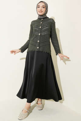 Düğmeli Kabartma Detaylı Kısa Ajurlu Hırka Nefti - Hırka