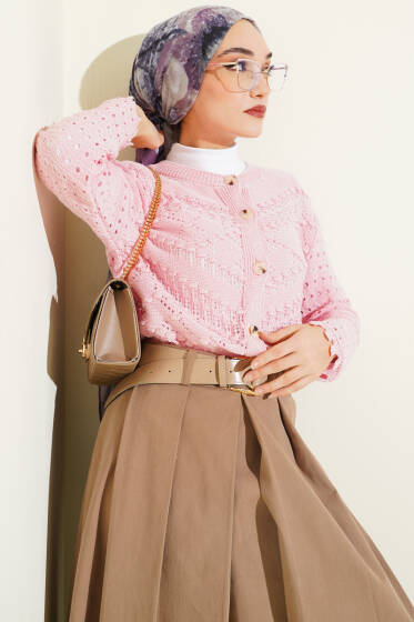 Düğmeli Kabartma Detaylı Kısa Ajurlu Hırka Pembe - Hırka