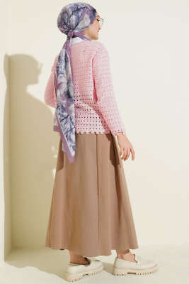 Düğmeli Kabartma Detaylı Kısa Ajurlu Hırka Pembe - Hırka