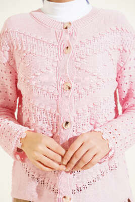 Düğmeli Kabartma Detaylı Kısa Ajurlu Hırka Pembe - Yılın Fırsatı