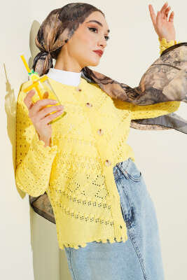 Düğmeli Kabartma Detaylı Kısa Ajurlu Hırka Sarı - RAFİMİX