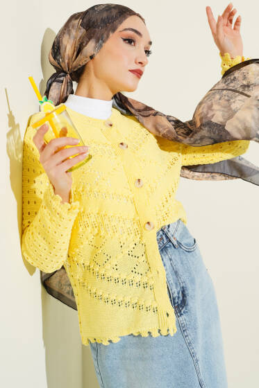 Düğmeli Kabartma Detaylı Kısa Ajurlu Hırka Sarı - Hırka