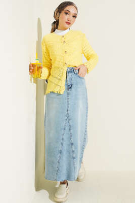 Düğmeli Kabartma Detaylı Kısa Ajurlu Hırka Sarı - Yılın Fırsatı