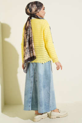 Düğmeli Kabartma Detaylı Kısa Ajurlu Hırka Sarı - Yılın Fırsatı