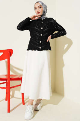 Düğmeli Kabartma Detaylı Kısa Ajurlu Hırka Siyah - Yılın Fırsatı