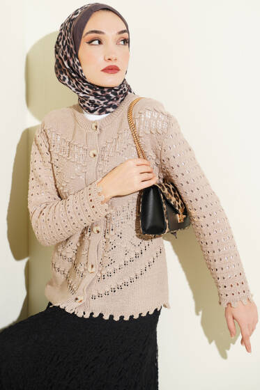 Düğmeli Kabartma Detaylı Kısa Ajurlu Hırka Vizon - Hırka