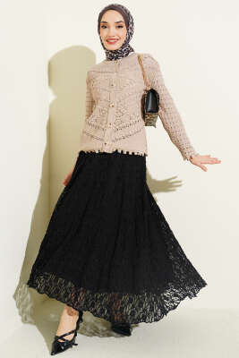 Düğmeli Kabartma Detaylı Kısa Ajurlu Hırka Vizon - Hırka