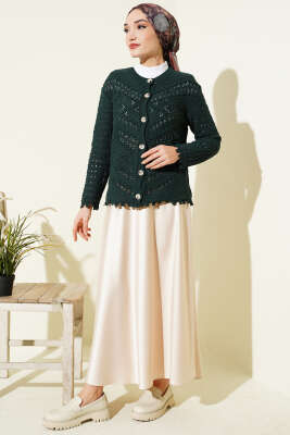 Düğmeli Kabartma Detaylı Kısa Ajurlu Hırka Zümrüt - Hırka