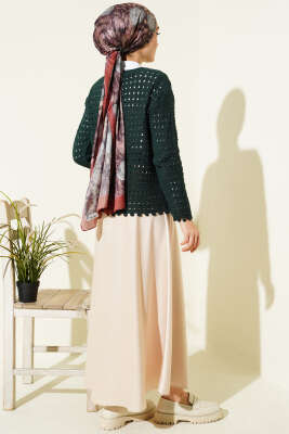 Düğmeli Kabartma Detaylı Kısa Ajurlu Hırka Zümrüt - Hırka