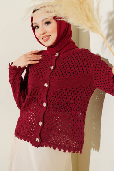 Düğmeli Kabartmalı Kısa Triko Hırka Bordo - Hırka