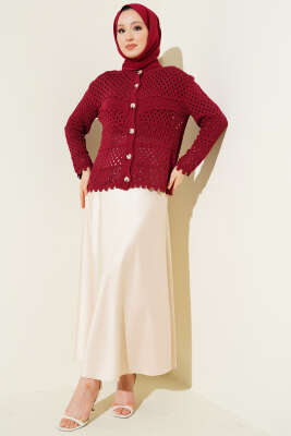 Düğmeli Kabartmalı Kısa Triko Hırka Bordo - Hırka