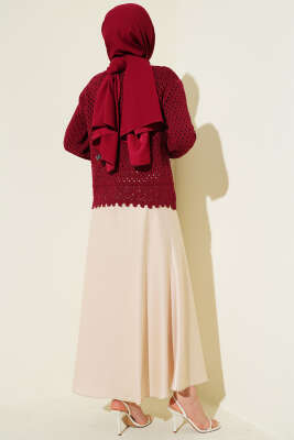 Düğmeli Kabartmalı Kısa Triko Hırka Bordo - Hırka