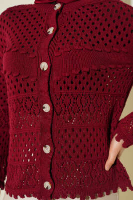 Düğmeli Kabartmalı Kısa Triko Hırka Bordo - Hırka