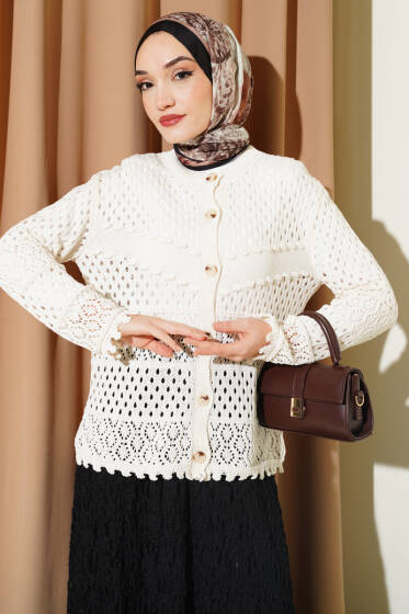 Düğmeli Kabartmalı Kısa Triko Hırka Ekru - Hırka