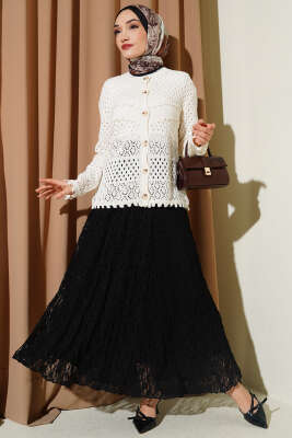 Düğmeli Kabartmalı Kısa Triko Hırka Ekru - Yılın Fırsatı