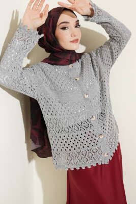 Düğmeli Kabartmalı Kısa Triko Hırka Gri - RAFİMİX