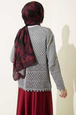 Düğmeli Kabartmalı Kısa Triko Hırka Gri - Hırka