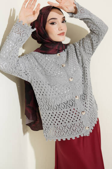 Düğmeli Kabartmalı Kısa Triko Hırka Gri - Yılın Fırsatı