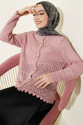 Düğmeli Kabartmalı Kısa Triko Hırka Gül Kurusu - RAFİMİX