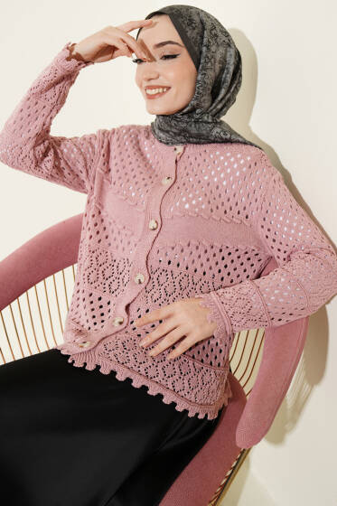 Düğmeli Kabartmalı Kısa Triko Hırka Gül Kurusu - Hırka