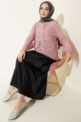 Düğmeli Kabartmalı Kısa Triko Hırka Gül Kurusu - Hırka