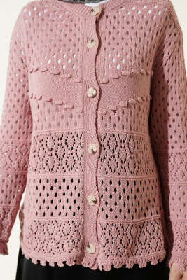 Düğmeli Kabartmalı Kısa Triko Hırka Gül Kurusu - Hırka