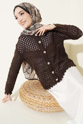 Düğmeli Kabartmalı Kısa Triko Hırka Kahve - RAFİMİX