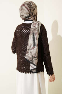 Düğmeli Kabartmalı Kısa Triko Hırka Kahve - Hırka