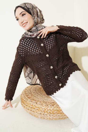 Düğmeli Kabartmalı Kısa Triko Hırka Kahve - Yılın Fırsatı