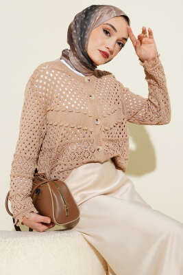 Düğmeli Kabartmalı Kısa Triko Hırka Latte - RAFİMİX