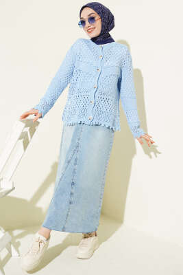 Düğmeli Kabartmalı Kısa Triko Hırka Mavi - Hırka