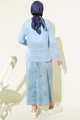 Düğmeli Kabartmalı Kısa Triko Hırka Mavi - Hırka