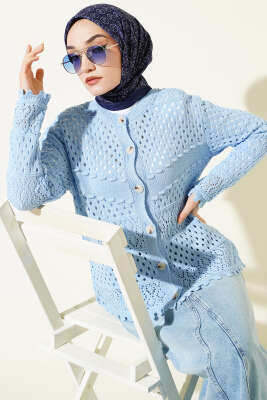 Düğmeli Kabartmalı Kısa Triko Hırka Mavi 