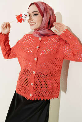 Düğmeli Kabartmalı Kısa Triko Hırka Mercan - RAFİMİX