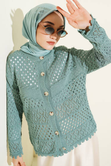 Düğmeli Kabartmalı Kısa Triko Hırka Mint - Hırka