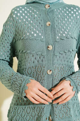 Düğmeli Kabartmalı Kısa Triko Hırka Mint - Hırka