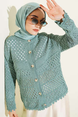 Düğmeli Kabartmalı Kısa Triko Hırka Mint 